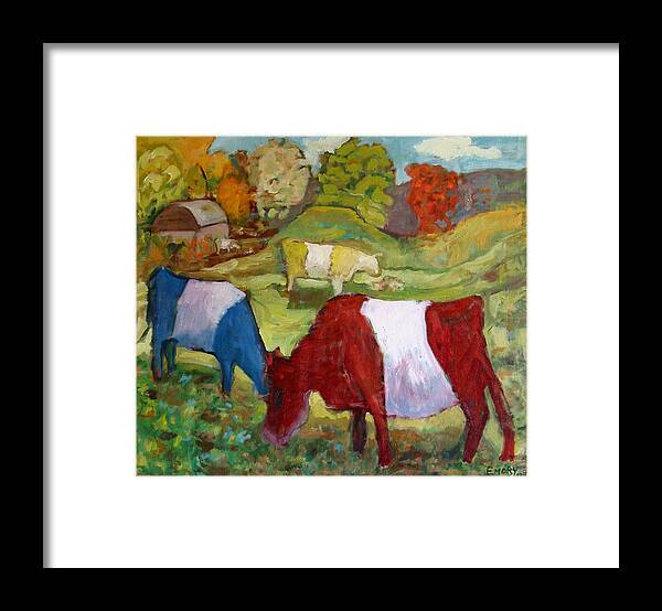 Primary Colors Framed Print featuring the painting Primary Cows by Paul Emory