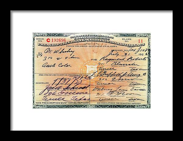 Drink Framed Print featuring the photograph Prohibition Whiskey Prescription by George Bernard/science Photo Library