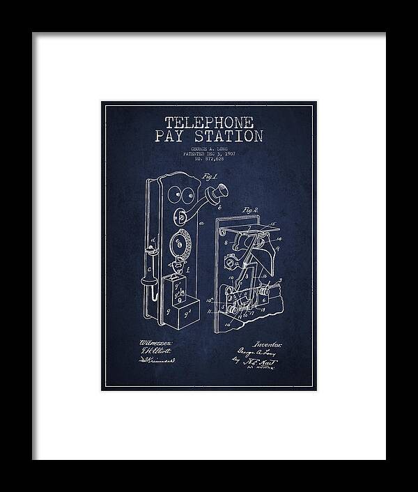Telephone Framed Print featuring the digital art Public Telephone Patent Drawing From 1907 - Navy Blue by Aged Pixel