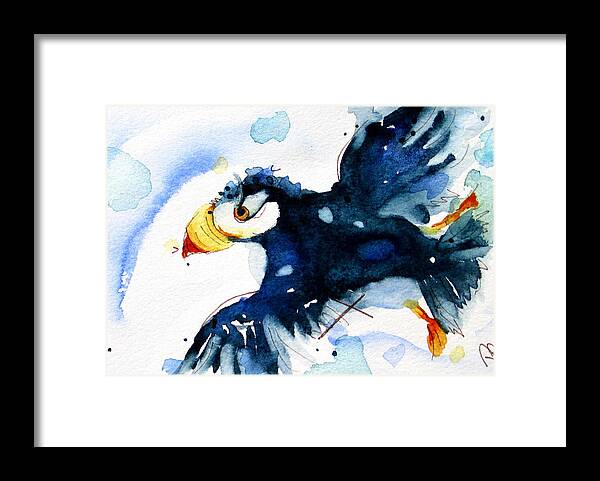 Puffin In Flight Framed Print featuring the painting Puffin Flight by Dawn Derman