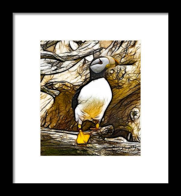 Puffin Framed Print featuring the mixed media Puffin Watch by Francine Dufour Jones