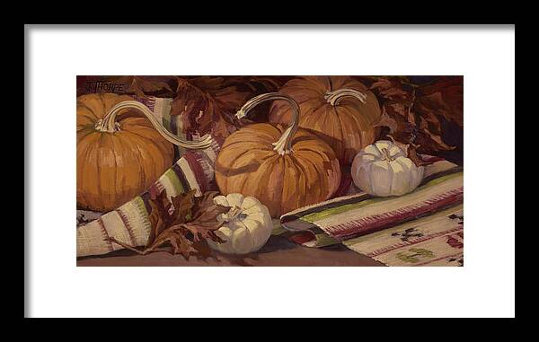 Pumpkins Framed Print featuring the painting Pumpkins and Leaves by Jane Thorpe