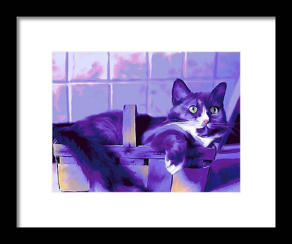 Cat Framed Print featuring the digital art Purple Basket Case by Mary Armstrong