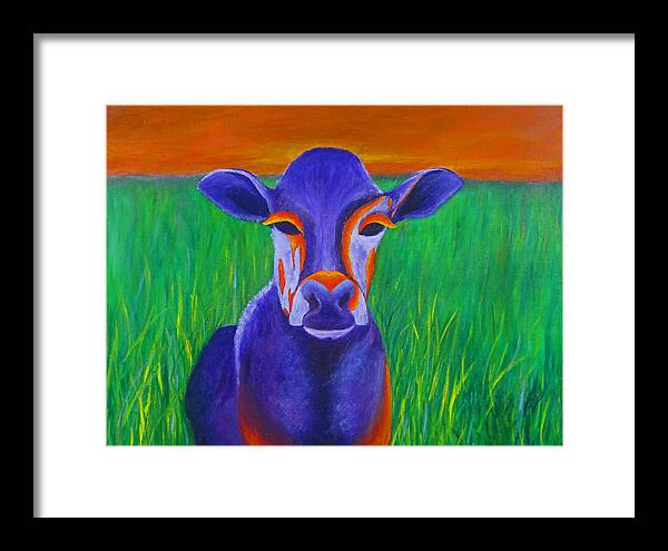 Landscape Framed Print featuring the painting Purple Cow by Roseann Gilmore