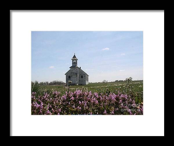 Dandelion Church Framed Print featuring the painting Purple Wildflower Field Church by PainterArtist FIN