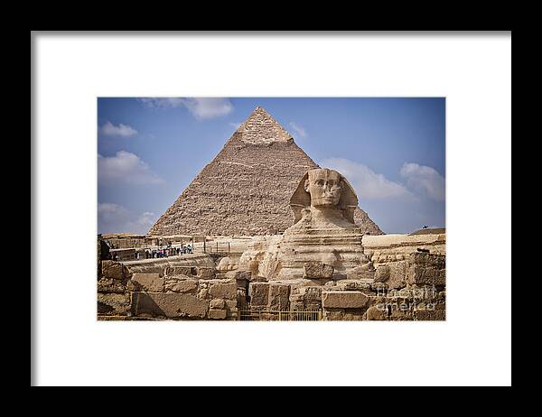 Egypt Framed Print featuring the photograph Pyramids and sphinx in Egypt by Sophie McAulay