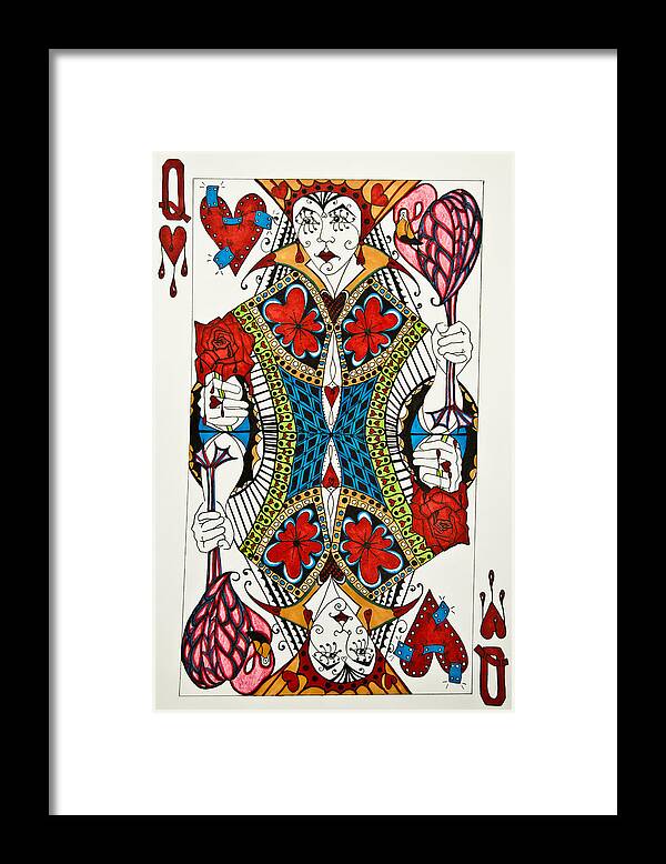 Queen Of Hearts Framed Print featuring the drawing Queen Of Hearts Face Card by Jani Freimann
