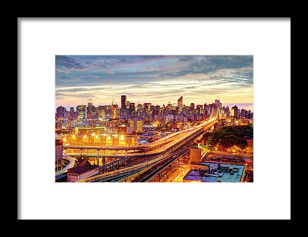 Tranquility Framed Print featuring the photograph Queensboro Bridge And Manhattan Night by Tony Shi Photography