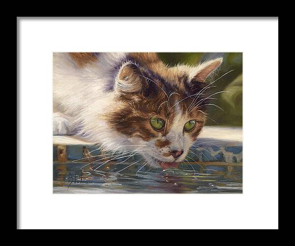 Cat Framed Print featuring the painting Quenching Her Thirst by Lucie Bilodeau