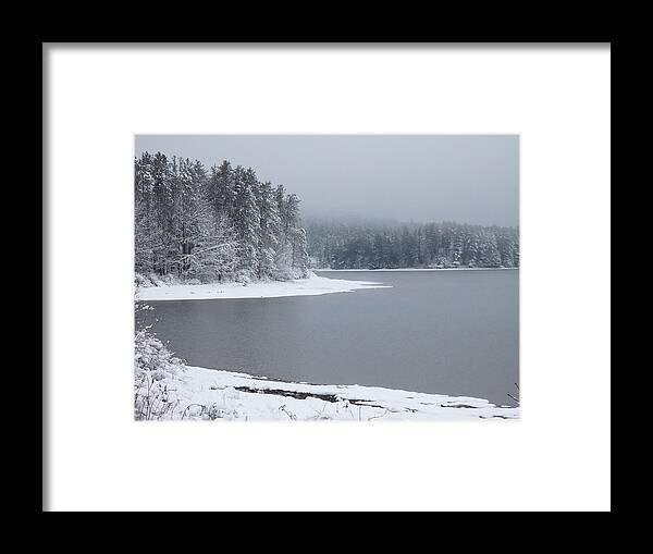 Snow Framed Print featuring the photograph Quiet Winter Scene at the Lake 2 by Nancy De Flon