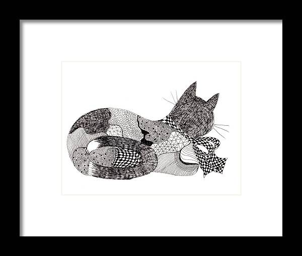 Cat Framed Print featuring the drawing Quilt Cat with Bow by Lou Belcher