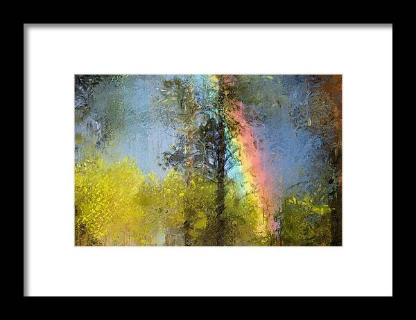 Beauty Framed Print featuring the digital art Rainbow in the forest by Debra Baldwin
