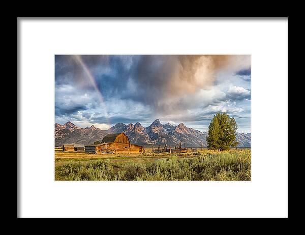 America Framed Print featuring the photograph Rainbow on Moulton Barn - Horizontal - Grand Teton National Park by Andres Leon