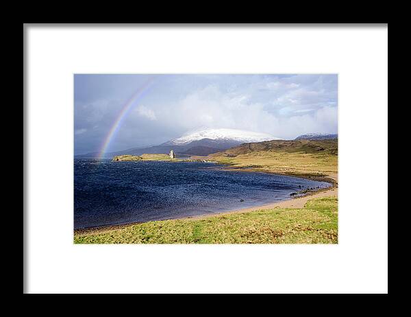 Quinag Framed Print featuring the photograph Rainbow Over Ardveck Castle by Steve Allen/science Photo Library