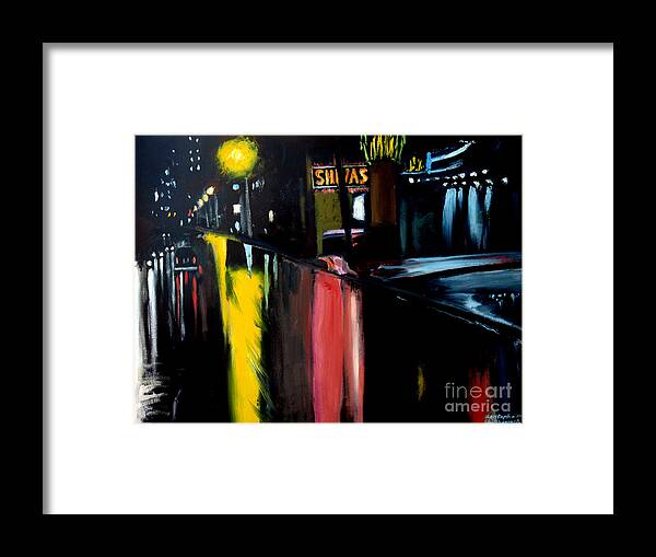 Raining Framed Print featuring the painting Raining Night in the City by Christopher Shellhammer