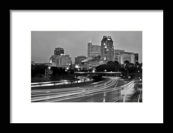 Raleigh Skyline Framed Print featuring the photograph Raleigh Skyline at Dusk Evening Black and White BW Evening Panorama North Carolina NC by Jon Holiday
