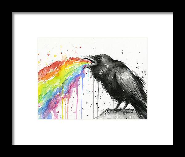 Raven Framed Print featuring the painting Raven Tastes the Rainbow by Olga Shvartsur