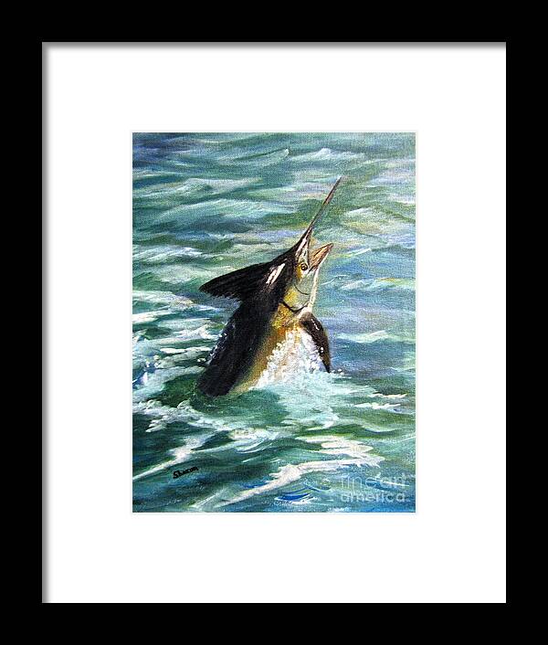Blue Marlin Framed Print featuring the painting Reaching for the sky by Sharon Burger