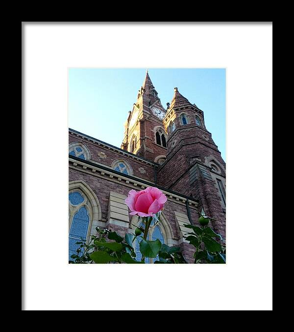 Beautiful Young Rose Against A Church Tower On A Warm Summer Evening. Framed Print featuring the photograph Rebirth by Billy Lane