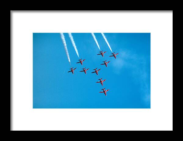 Red Arrows Framed Print featuring the photograph Red arrows airshow - aircrafts flying in formation by Matthias Hauser