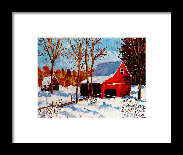 Red Framed Print featuring the painting Red Barn First Snow by Diane Arlitt