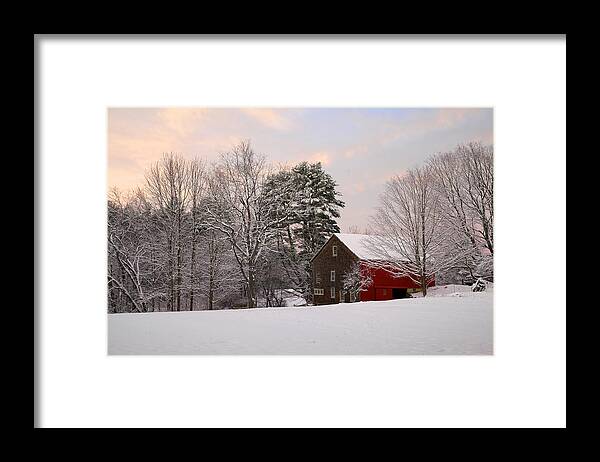 New Hampshire Framed Print featuring the photograph Red Barn Sunrise by Larry Landolfi