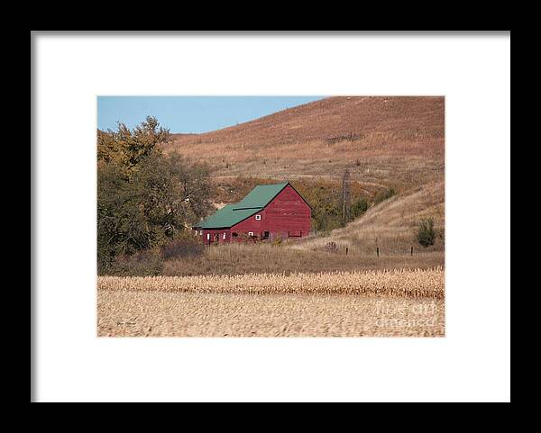 Barns Framed Print featuring the photograph Red Barn with green Roof by Yumi Johnson