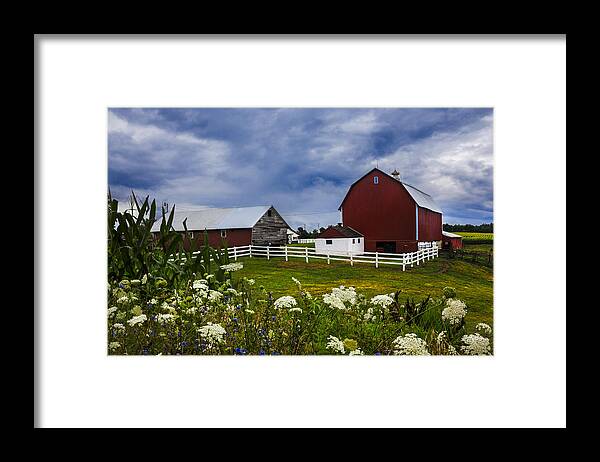 Appalachia Framed Print featuring the photograph Red Barns Under Blue Skies by Debra and Dave Vanderlaan