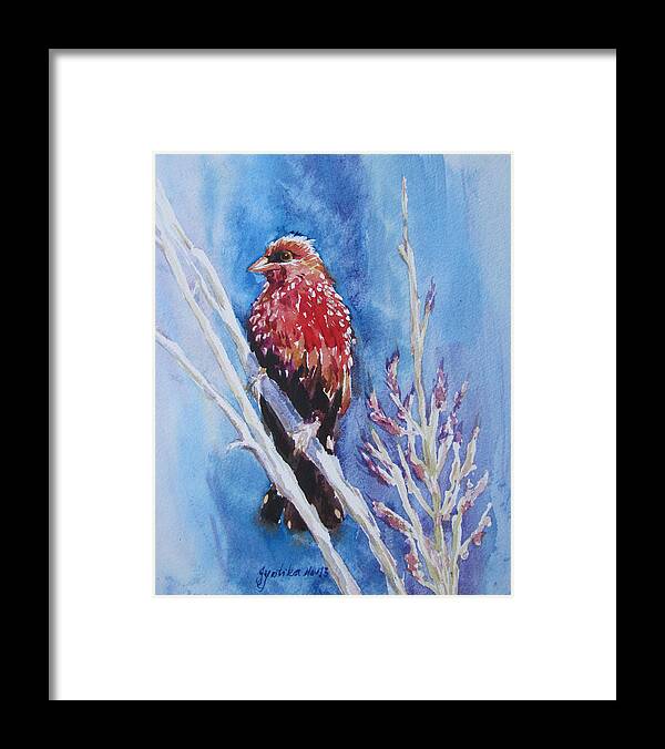 Bird Framed Print featuring the painting The Red Bird with pink flowers by Jyotika Shroff