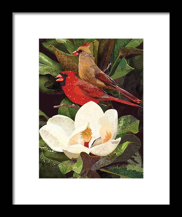 Fabric Melodies Framed Print featuring the digital art Red Birds in Magnolia by Robin Morgan