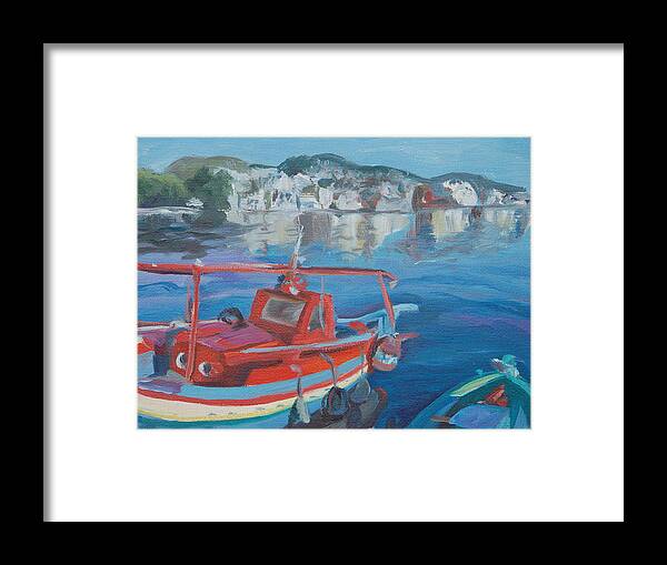 Greece Framed Print featuring the painting Red Boat by Christine Lytwynczuk