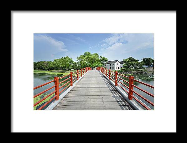 Tranquility Framed Print featuring the photograph Red Bridge Shanghai Qingpu - Horizontal by Andy Brandl
