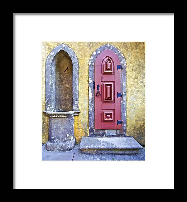 Archway Framed Print featuring the photograph Red Carved Wood Door and a Water Fountain of the Fairytale Castle of Sintra by David Letts