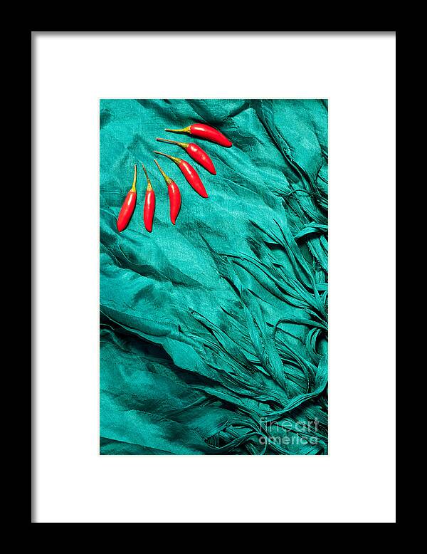 Cambodian Framed Print featuring the photograph Red Chillies Blue Silk by Rick Piper Photography
