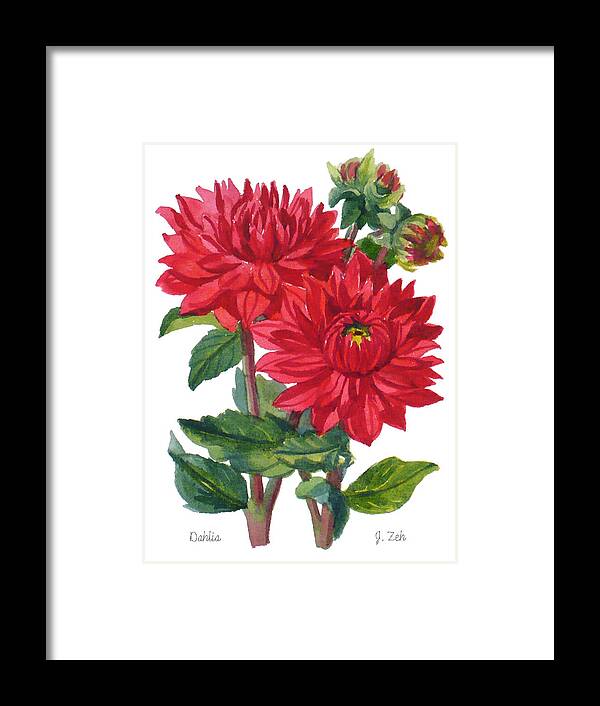 Dahlias Print Framed Print featuring the painting Red Dahlias by Janet Zeh