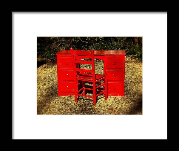 Fine Art Framed Print featuring the photograph Red Desk and Chair by Rodney Lee Williams