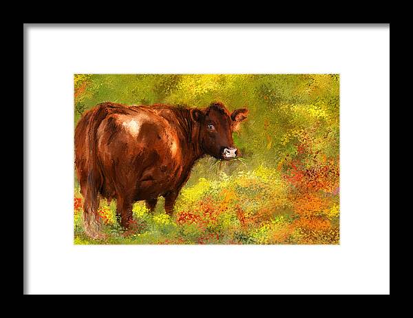 Red Devon Cattle Framed Print featuring the painting Red Devon Cattle - Red Devon Cattle in a Farm Scene- Cow Art by Lourry Legarde