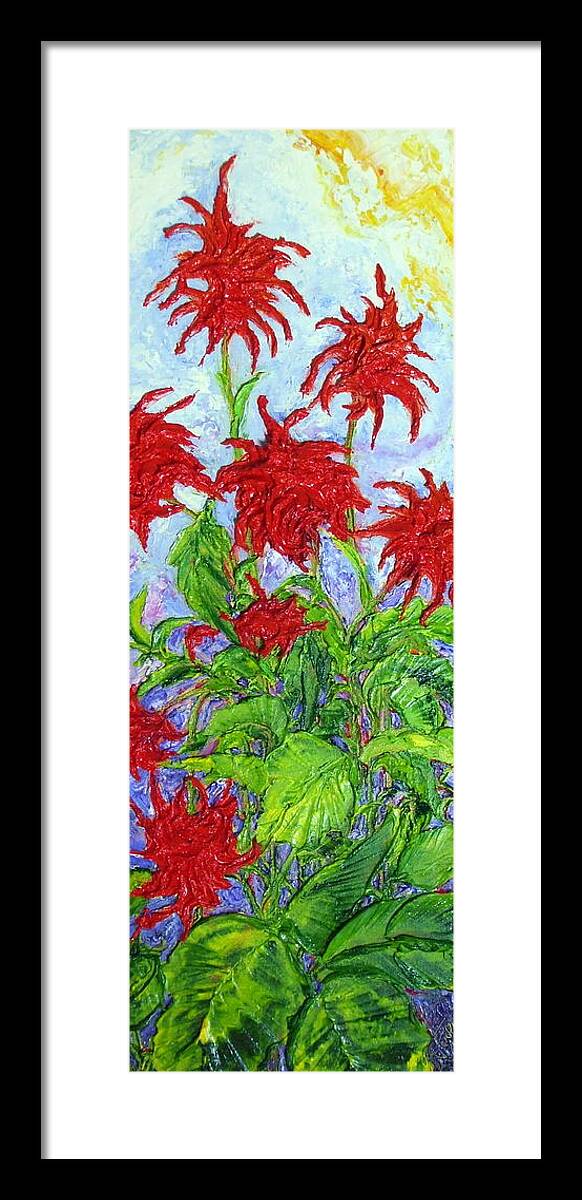Bee Balms Framed Print featuring the painting Red Bee Balms by Paris Wyatt Llanso