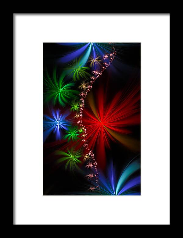 Red Framed Print featuring the digital art Red green and blue fractal stars by Matthias Hauser