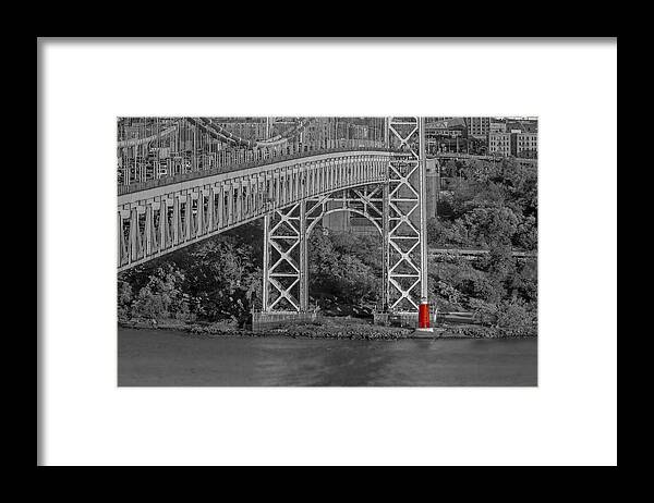 Autumn Framed Print featuring the photograph Red Lighthouse And Great Gray Bridge BW by Susan Candelario
