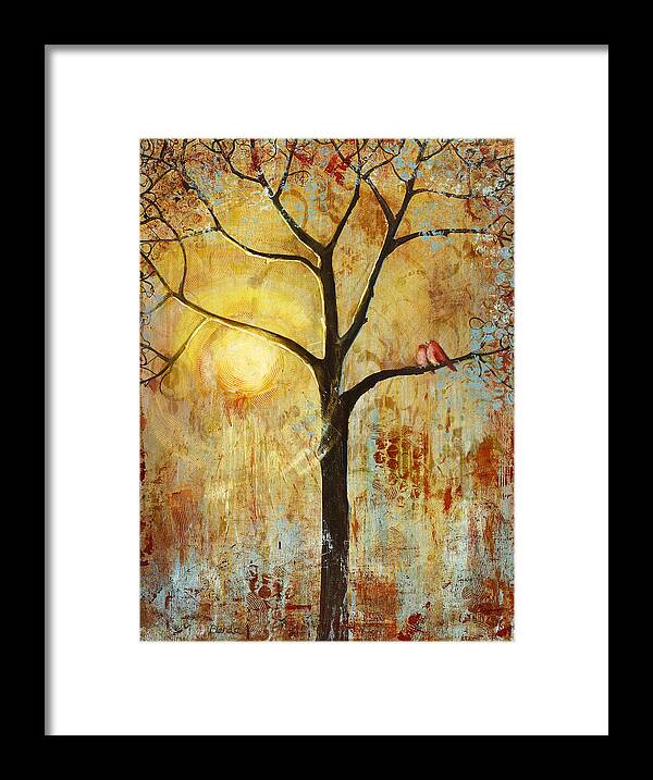 Love Birds Framed Print featuring the painting Red Love Birds in a Tree by Blenda Studio