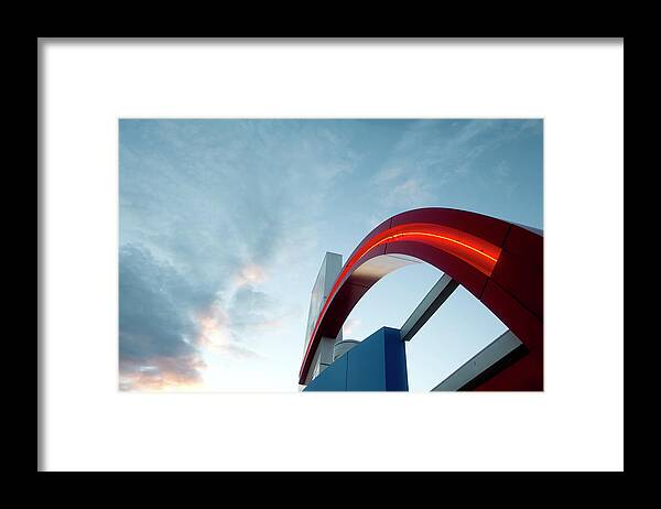 Arch Framed Print featuring the photograph Red Neon Points To The Clouds by Brad Rickerby