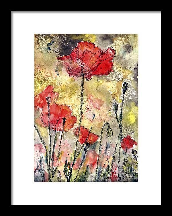 Blossoms Framed Print featuring the painting Red Poppies Botanical Watercolor and Ink by Ginette Callaway