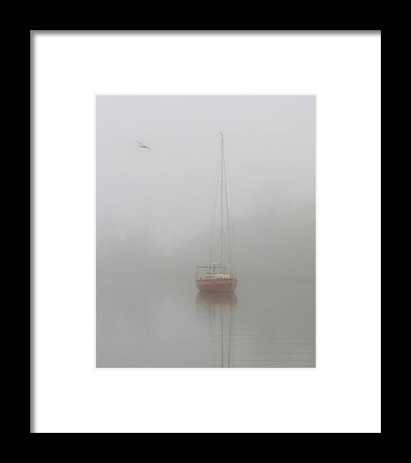 Nautical Framed Print featuring the photograph Red Sailboat in Fog by Deborah Smith