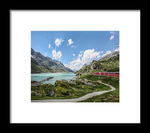 Grass Framed Print featuring the photograph Red Train Bernina Pass In The Alps by Melinda Moore