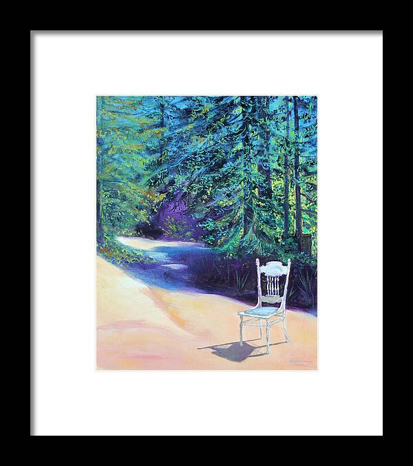 Landscape Painting Framed Print featuring the painting Redwood Path and White Chair by Asha Carolyn Young