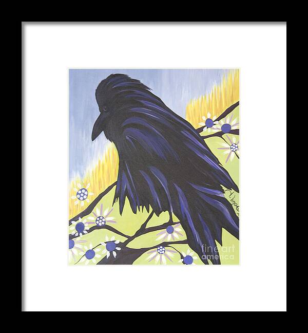 #raven #bird #raven #nature #treebranchs #photography #fineart #art #images #acryliconcanvas #reflection Framed Print featuring the painting Reflection by Jacquelinemari