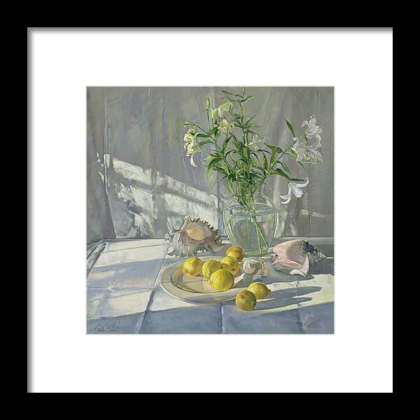 Still Life; Lemon; Flower; Lily; Shells; Shell; Sunlight Framed Print featuring the painting Reflections and Shadows by Timothy Easton