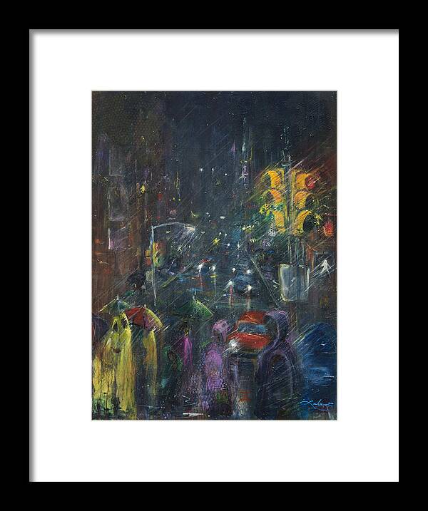 City Framed Print featuring the painting Reflections of a Rainy Night by Leela Payne