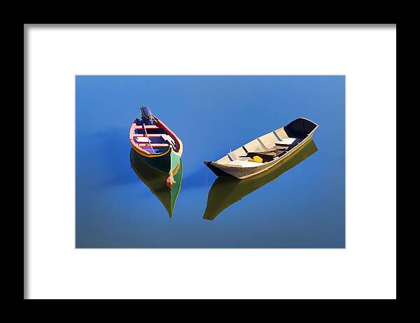 Blue Framed Print featuring the photograph Reflections of Two Canoes by David Letts
